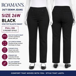 Roamans 24/7 Denim Black Jeans 26W‎ Elastic Waist Stay Put Straight Leg 7444 NWT
